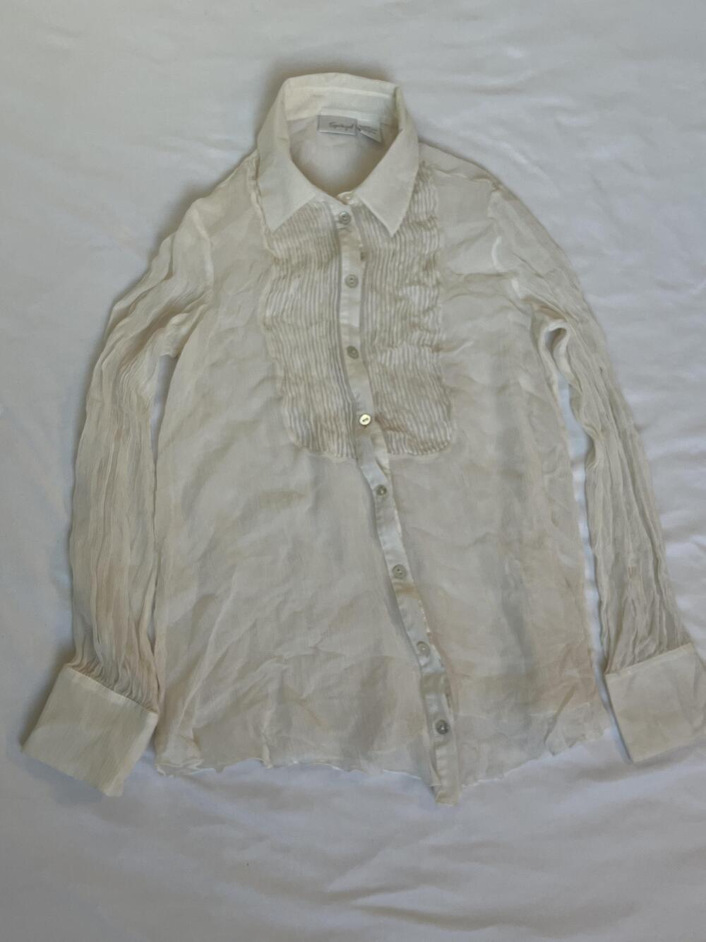 100% Silk Crepe Blouse 10 White Long Sleeve Pleated Chiffon Top Button Spiegel